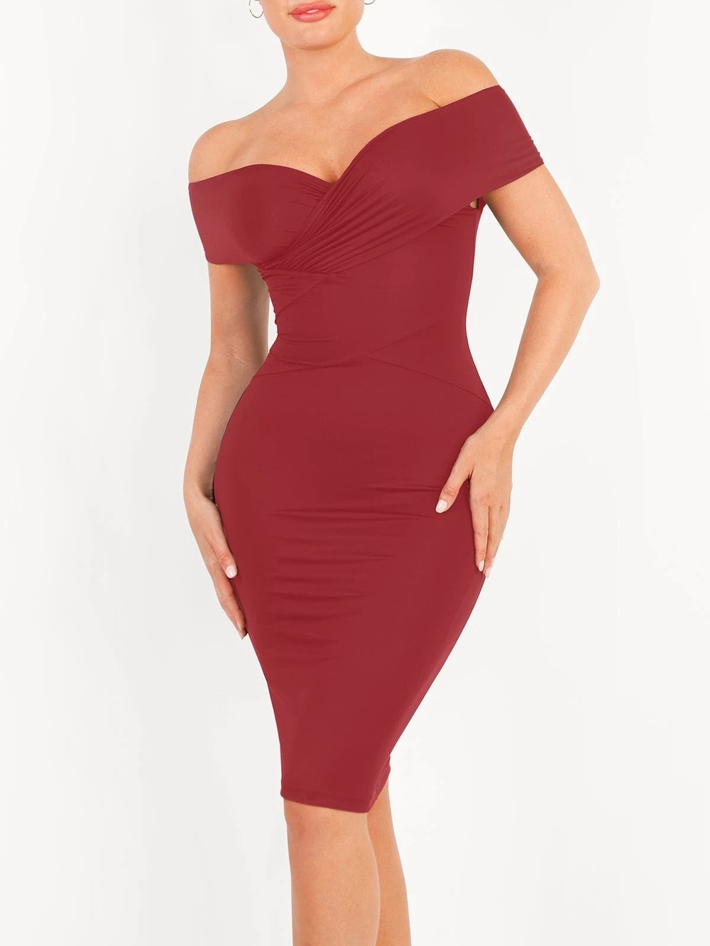 Popilush Medium Off-Shoulder Bodycon Midi Dress in Wine